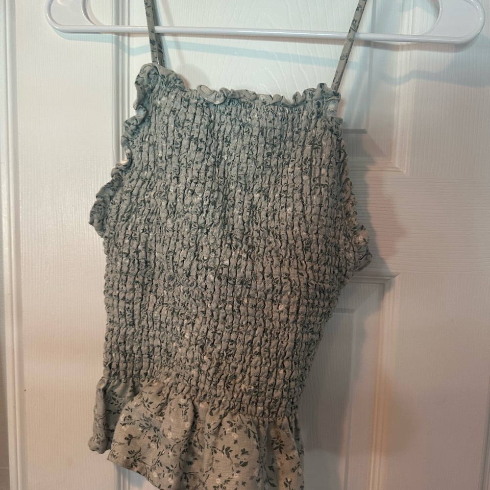 Reformation Gray and White Smocked Ruffle Camisole